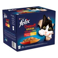 Purina Felix Doppelt Lecker, različne podeželske okuse v želeju. 24x z govedino, perutnino, piščancem, ledvicami, jagnjetino, teletino, puranom in jetri.