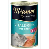 Miamor Trinkfein Vitaldrink mit Thun, ohne Milch. Abbildung einer Katze, die aus einer Schale trinkt.