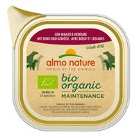 almo nature bio organic MAINTENANCE con pollo e verdure, certificazione FR-BIO-10 EU Agriculture, etichetta gialla TOP SELLER visibile sulla confezione
