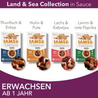IAMS Land & Sea Collection in Sauce. Sorten: Thunfisch & Erbse, Huhn & Pute, Lachs & Kabeljau, Lamm & rote Paprika. Für erwachsene Katzen ab 1 Jahr.