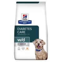 Hill's Prescription Diet w/d, gestione del peso, immagine di cane e simbolo pollo visibili sulla confezione.