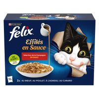 Purina Felix Effilés v omaki, izbor podeželja v omaki, brez barvil. Paket z 12 porcijami: govedina, piščanec, jagnjetina, raca.