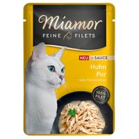 Miamor Feine Filets Huhn Pur in Sauce, helle Filetstückchen, 100% Filet im Fleischanteil. Gelbe Verpackung mit weisser Katze und Abbildung des Produkts.