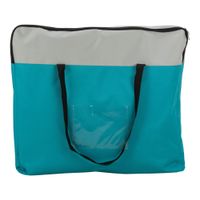Borsa in turchese e grigio con manici neri e una tasca esterna trasparente.