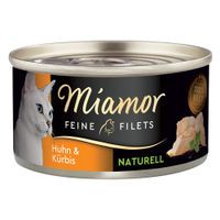 Miamor Feine Filets Thun & Krebsfleisch, Naturell, 100% Filet. Katzenfutter in Dose mit Abbildung von weisser Katze und Filetstücken.
