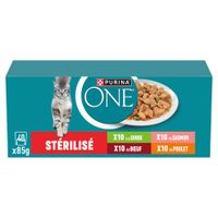 Purina ONE Sterilisé cibo per gatti, 40 x 85g. Varietà: 10x tacchino, 10x salmone, 10x manzo, 10x pollo.