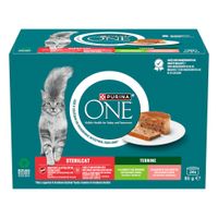 Purina ONE Sterilcat con salmone e carote, supporta il microbioma intestinale, il controllo del peso e le vie urinarie sane. Bustina da 85 g.