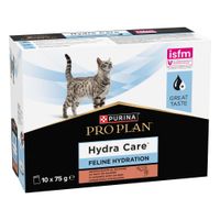 Purina Pro Plan Hydra Care Feline Hydration, aromatizzato al salmone, 10 x 75 g. Certificato ISFM, sigillo Great Taste visibile.