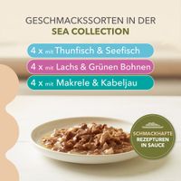 Geschmacksrichtungen der Sea Collection: 4x Thunfisch & Seefisch, 4x Lachs & Grüne Bohnen, 4x Makrele & Kabeljau. Schmackhafte Rezepte in Sauce.