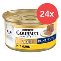 Purina Gourmet Gold paté fine con pollo, 24x lattina. Immagine di una lattina dorata con un gatto bianco e un pezzo di paté su un piatto.