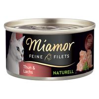 Miamor Feine Filets Thun & Krebsfleisch, Naturell, 100% Filet. Katzenfutter in Dose mit Abbildung von weisser Katze und Filetstücken.