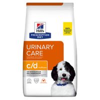 Hill's Prescription Diet Urinary Care c/d multicare per cani, raccomandato dai veterinari. Garanzia soddisfatti o rimborsati 100%. Immagine di un cane bianco e nero sul sacco.