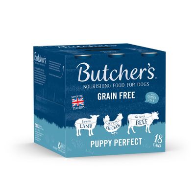 Butcher's grain free nourishing food for dogs, Puppy Perfect variety pack with 18 cans: 6 lamb, 6 chicken, 6 beef. Contains omega 3 and 6. Supporting British farmers.