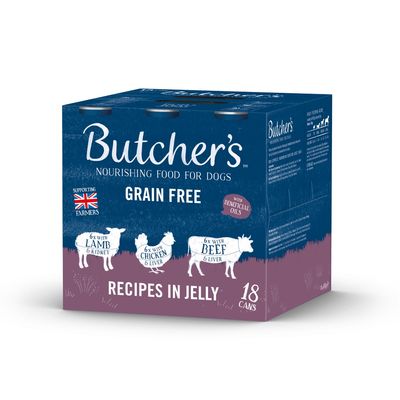 Butcher's nourishing food for dogs, grain free, recipes in jelly. Contains 6 cans each with lamb and kidney, chicken and liver, beef and liver. Pack of 18 cans.