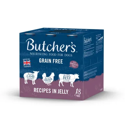 Butcher's nourishing food for dogs, grain free, recipes in jelly. Contains 6 cans each with lamb and kidney, chicken and liver, beef and liver. Pack of 18 cans.