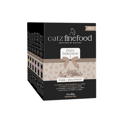 catz finefood Pure Selection I Multipack, 12x85g Monoproteïne, varianten: Kip, Wildzwijn, Lam, Schaap, Kalkoen, Rund. Gemaakt in Duitsland sinds 2011.
