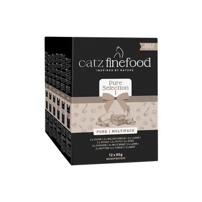 catz finefood Pure Selection I Multipack, 12x85g Monoproteïne, varianten: Kip, Wildzwijn, Lam, Schaap, Kalkoen, Rund. Gemaakt in Duitsland sinds 2011. catz finefood Pure Selection I Multipack, 12x85g Monoproteïne, varianten: Kip, Wildzwijn, Lam, Schaap, Kalkoen, Rund. Gemaakt in Duitsland sinds 2011.