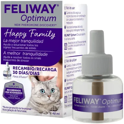 Feliway Optimum recambio para difusor, 48 ml. Nueva generación de feromonas, recomendado por veterinarios, eficaz contra síntomas de estrés en gatos. Dura 30 días.