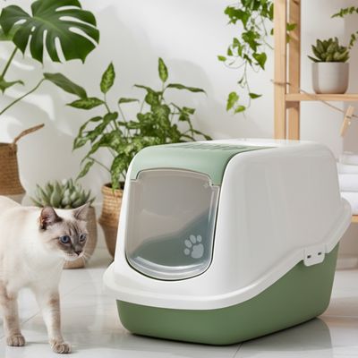 Gesloten kattenbak met groene onderkant en witte deksel, klapdeur met pootafdruk, staat in een ruimte met planten.