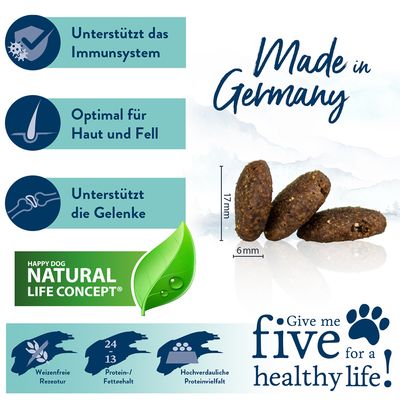 Happy Dog Natural Life Concept. Unterstützt Immunsystem, Haut und Fell, Gelenke. Made in Germany. Weizenfreie Rezeptur, Protein-/Fettgehalt 24/13, hochverdauliche Proteinvielfalt.