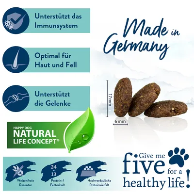 Happy Dog Natural Life Concept. Stödjer immunförsvar, hud och päls, leder. Tillverkad i Tyskland. Vetefritt recept, protein-/fetthalt 24/13, lättsmält proteinkälla.