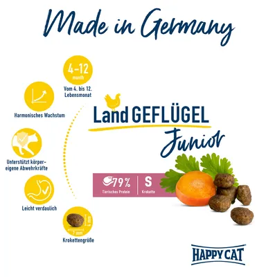 Happy Cat Land Geflügel Junior, Made in Germany, für 4-12 Monate. Unterstützt Abwehrkräfte, harmonisches Wachstum, leicht verdaulich. 79% tierisches Protein, Kroketten S, Grösse 7 mm.
