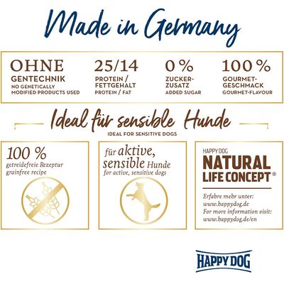 Made in Germany. Ohne Gentechnik, 25/14 Protein/Fettgehalt, 0% Zuckerzusatz, 100% Gourmet-Geschmack. Ideal für sensible Hunde: 100% getreidefrei, für aktive, sensible Hunde. Happy Dog Natural Life Concept.