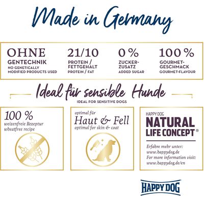 Made in Germany. Ohne Gentechnik, 21/10 Protein/Fettgehalt, 0% Zuckerzusatz, 100% Gourmet-Geschmack. Ideal für sensible Hunde. 100% weizenfreie Rezeptur, optimal für Haut & Fell. Happy Dog Natural Life Concept.