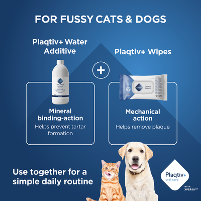 Plaqitv+ Water Additive with mineral binding action against tartar and Plaqtiv+ Wipes with mechanical action against dental plaque. For easy daily use with cats and dogs.