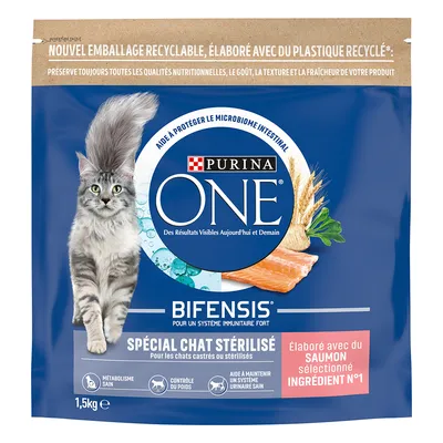 Purina ONE Bifensis Spécial Chat Stérilisé, 1,5 kg, lazac az első számú összetevő. Franciául: Pour les chats castrés ou stérilisés. Újrahasznosítható csomagolás.