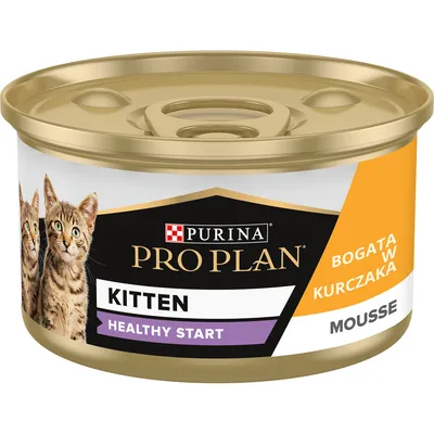 Purina Pro Plan Kitten Healthy Start, bogata w kurczaka, mousse. Na opakowaniu zdjęcie dwóch kotów.