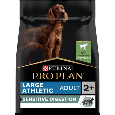 Saco de comida para perros Purina Pro Plan Large Athletic Adult 2+, Sensitive Digestion, cordero como ingrediente principal. Texto visible: No1 ingrediente cordero.