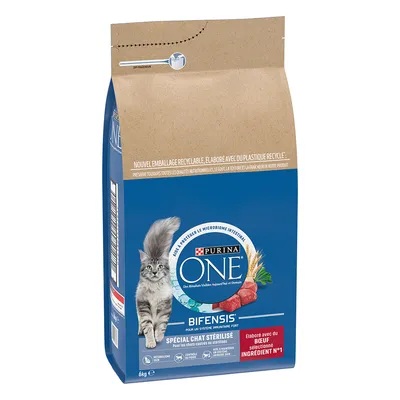 Purina ONE Bifensis Spécial Chat Stérilisé, 6 kg, opakowanie z niebieską etykietą, widoczny kot i informacja: bœuf sélectionné ingrédient n°1. Tekst w języku francuskim.