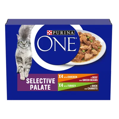 Purina One Selective Palate pack with 4 chicken, 4 turkey, beef and green beans, duck and carrots varieties shown on the box.