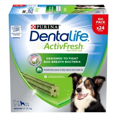 Purina Dentalife ActivFresh Daily Oral Care for dogs, big pack with 24 sticks. Designed to fight bad breath bacteria. Medium 12–25 kg. Scientifically proven to help reduce tartar build-up. Purina Dentalife ActivFresh Daily Oral Care for dogs, big pack with 24 sticks. Designed to fight bad breath bacteria. Medium 12–25 kg. Scientifically proven to help reduce tartar build-up.