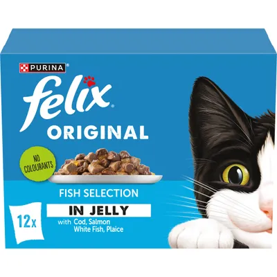 Fish selection in jelly, 12 packs with cod, salmon, white fish and plaice. No colourants.