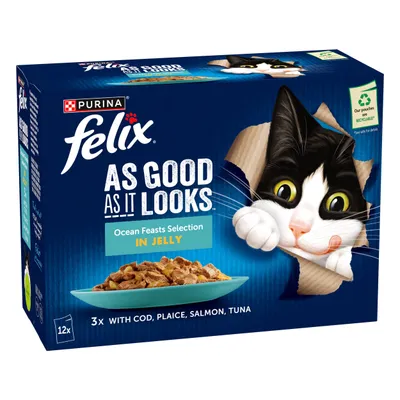Ocean Feasts Selection in Jelly, 12 pouches with cod, plaice, salmon and tuna. Includes recycling information for pouches.
