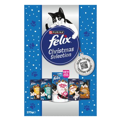 Felix Christmas Selection pack with five treat varieties, including limited edition Winter Mix. QR code shown with text: Scan to win festive prizes. Net weight 275g.