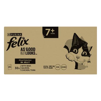 Felix As Good As It Looks mixed selection in jelly for 7+ years, 30 packs with beef, salmon, chicken, tuna. 100% complete and balanced with proteins and antioxidants.