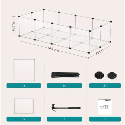 Gitterindhegning med mål 143 x 73 x 46 cm. Indeholder: 12 store plader, 8 små plader, 30 kabelbindere, 27 forbindelsesstykker, 1 hammer, 1 vejledning.