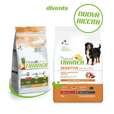 Две опаковки кучешка храна Natural Trainer и Fitness3 Trainer, без глутен, с патешко месо, ориз и олио. Видими надписи: NO GLUTEN, SENSITIVE, NUOVA RICETTA, MADE IN ITALY.