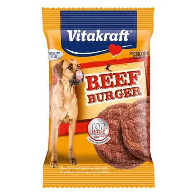 Beef Burger treats, sugar free recipe, no artificial colouring or preservatives, vitality plus. Image shows two burger-shaped treats and a dog beside the product name.