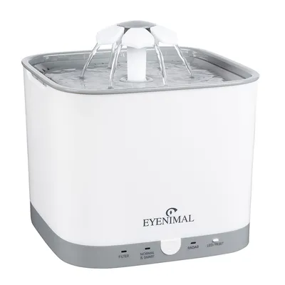 Eyenimal Trinkbrunnen mit mehreren Wasserstrahlen, weisses Design, Bedienfeld mit Filter-, Normal & Smart-, Radar- und LED/Reset-Funktionen.
