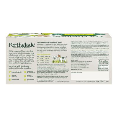 Forthglade natural pet food box showing feeding guide by dog weight, key features including hypoallergenic, vitamins, minerals, yucca extract, botanicals, gently steamed, and grain free.