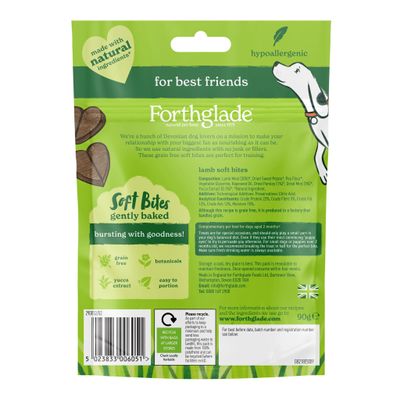 Forthglade lamb soft bites, gently baked, grain free, hypoallergenic, made with natural ingredients, includes botanicals and yucca extract, easy to portion, 90g pack.