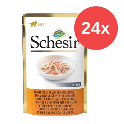 Schesir Adult atún y pollo con gambas en gelatina, 24 sobres. Imagen del producto con foto de ingredientes.