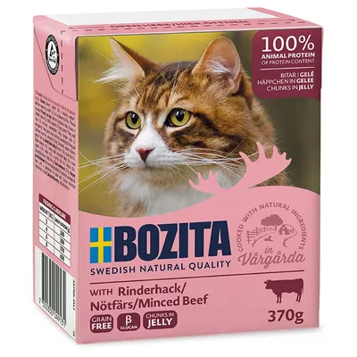 Bozita Swedish Natural Quality, bidder i gelé med hakket oksekød, 370g. 100% animalsk protein, kornfri, beta-glucan. Fremstillet med naturlige ingredienser i Vårgårda. Bozita Swedish Natural Quality, bidder i gelé med hakket oksekød, 370g. 100% animalsk protein, kornfri, beta-glucan. Fremstillet med naturlige ingredienser i Vårgårda.