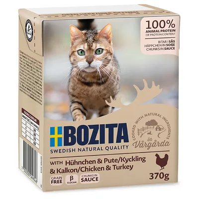 Bozita cat food, chicken & turkey in sauce, 370g. Grain free, with natural ingredients, 100% animal protein. Feeding table for cat weight visible.