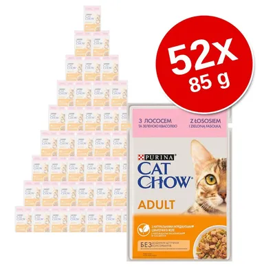 Purina Cat Chow Adult z łososiem i zieloną fasolką, 52 x 85 g. Widoczne opakowanie produktu oraz duże czerwone oznaczenie ilości i wagi.