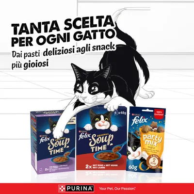Purina Felix Soup Time e Party Mix Snack. Ampia scelta per ogni gatto, da deliziosi pasti a snack allegri. 2x con manzo, pollo, agnello. Confezione da ,60g. Purina Felix Soup Time e Party Mix Snack. Ampia scelta per ogni gatto, da deliziosi pasti a snack allegri. 2x con manzo, pollo, agnello. Confezione da ,60g.